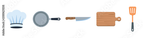 Kitchen utensils and chef's hat are essential items for any culinary enthusiast or professional chef, depicted in a clean, modern flat design style.