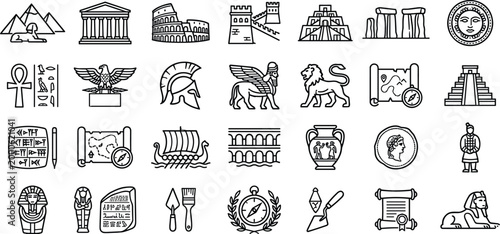 Tableau sur toile Ancient civilization icons and historical archaeology line art collection featuring landmarks like pyramids, colosseum, sphinx, and ancient greek architecture