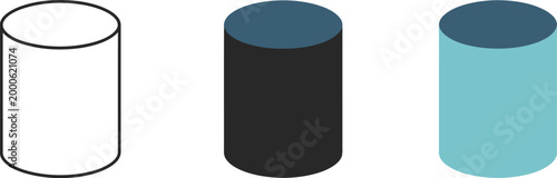 Abstract cylinder set featuring three cylindrical shapes in varied colors and tonal shading, geometric 3D objects, simple modern design elements, clean vector illustration collection.