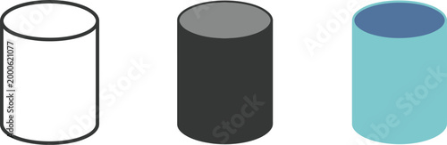 Three cylinders vector illustration with different colors and shading variations, geometric 3D forms, clean minimal abstract design, modern shape composition set.