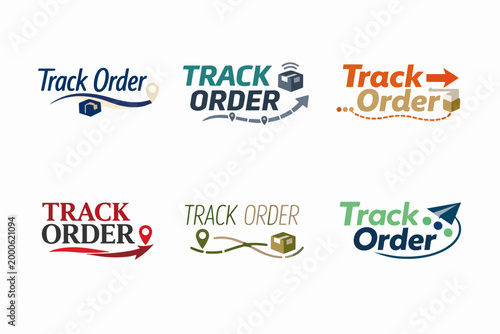 Collection of track order logos and icons visualizing delivery process, shipping status, and parcel movement across a map