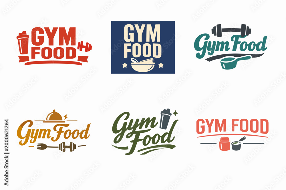 Fototapeta premium Gym food logo collection illustrating fitness, nutrition, healthy eating, and dietary supplements for bodybuilding and lifestyle