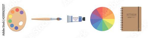 Various art supplies including a palette, brush, and paint tube are neatly arranged alongside a color wheel and sketchbook, representing creativity and artistic expression.