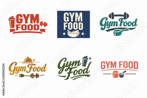 Gym food logo collection illustrating fitness, nutrition, healthy eating, and dietary supplements for bodybuilding and lifestyle