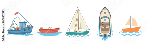 Various cartoon boats and ships floating on blue waves, representing different types of marine transportation and leisure activities.