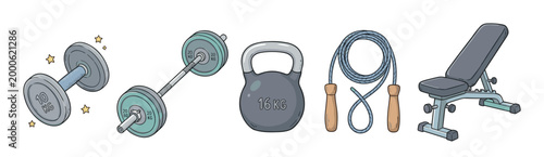 Fitness equipment collection featuring a dumbbell, barbell, kettlebell, jump rope, and adjustable weight bench for strength training and cardio workouts.