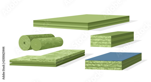 Set of Green Eco-Friendly Thermal and Sound Insulation Materials Slabs and Rolls for Building Construction Vector Illustration
