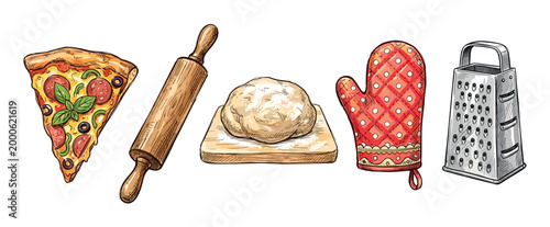 Kitchen cooking and baking tools and ingredients, such as a pizza slice, rolling pin, dough, oven mitt, and grater, presented in a colorful hand-drawn style.