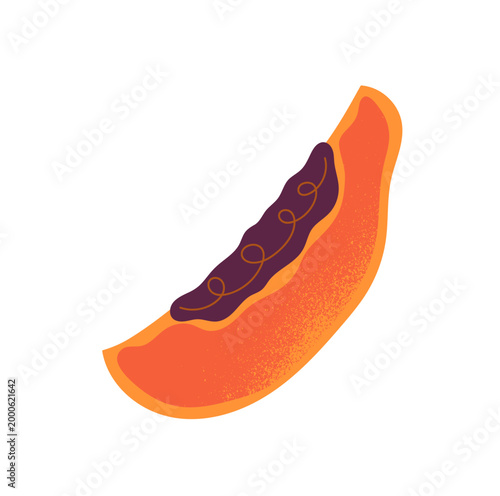 Slice of tasty and juicy papaya. Little piece of tropical fruit with seeds in pulp. Cut exotic food. Fresh crop of jungle. Healthy eating. Flat isolated vector illustration on white background