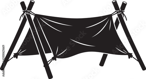 Primitive Tarp Shelter Structure Made of Wooden Poles and Fabric Tied Together