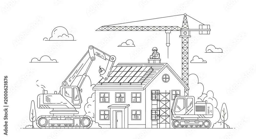 Naklejka premium Sustainable Construction Site Line Art Illustration with Excavator Installing Solar Panels on Residential House Roof and Tower Crane