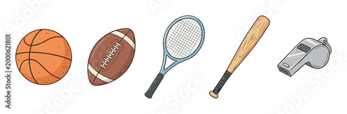 Various sports equipment items including a basketball, football, tennis racket, baseball bat, and whistle are arranged in a colorful cartoon illustration.