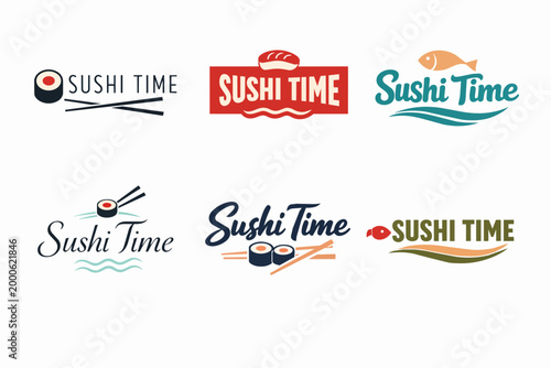 Sushi restaurant branding concept collection featuring various logotypes and emblems for japanese food businesses