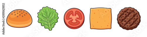 Burger ingredients including bun, lettuce, tomato, cheese, and patty are arranged in a row, ready to be assembled into a delicious meal.