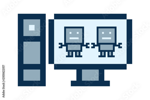 Cartoon cute robot robotic ai with chat bot,toy,artificial intelligence,8 bit,digital,computer.