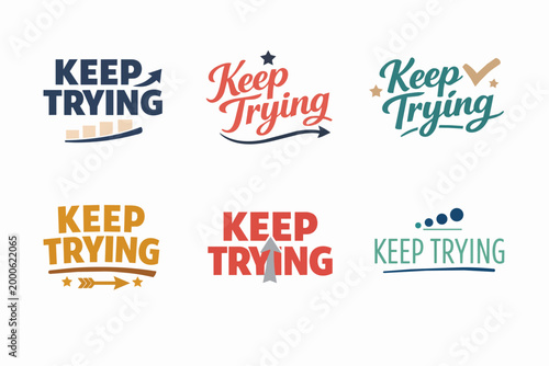 Six vector designs promoting the concept of keep trying, depicting inspiration, motivation, persistence, and continuous effort
