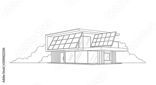 Modern Eco-Friendly House Outline with Solar Panels, Minimalist Architectural Sketch of Sustainable Residential Building