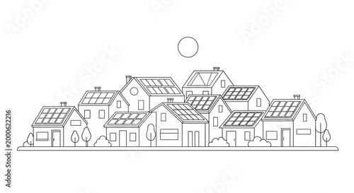Sustainable Eco-Friendly Neighborhood with Solar Panels Line Art Illustration, Green Energy Housing Concept Vector