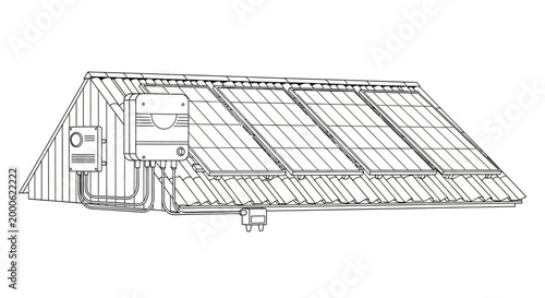 Line Art Illustration of a Residential Solar Panel System on a Roof with Inverter and Technical Equipment for Renewable Energy Concepts