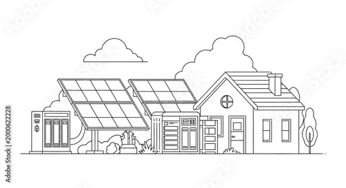 Sustainable House with Solar Panels and Energy Storage Battery System Line Art Illustration