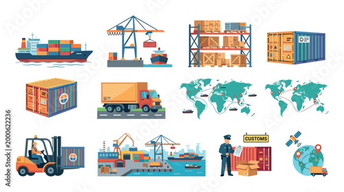 Global logistics supply chain management and shipping services are depicted through various illustrations of cargo transportation, warehousing, and customs procedures worldwide.