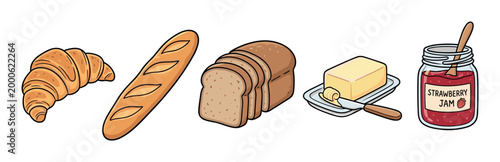 Croissant, baguette, sliced bread, butter, and strawberry jam are delicious breakfast items presented in a charming cartoon style.