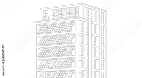 Modern eco-friendly building architectural sketch with integrated solar panels for renewable energy concept