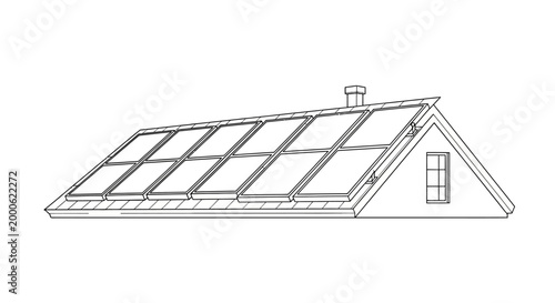 Solar Panels on House Roof Line Art Illustration for Sustainable Energy Concepts