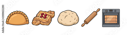 Collection of baking ingredients, tools, and finished pastries, including fresh dough, a rolling pin, an oven, and various sweet treats.