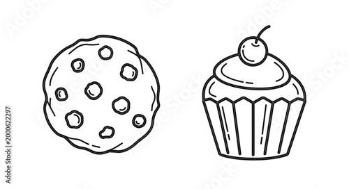 Hand drawn illustration of a chocolate chip cookie and a cupcake.