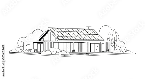 Modern Eco-Friendly House with Solar Panels Line Art Illustration, Sustainable Architecture Sketch