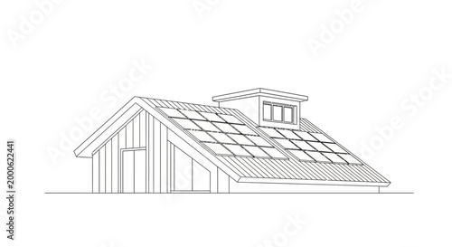 Modern Eco-Friendly House with Solar Panels Rooftop Minimalist Line Art Architectural Sketch