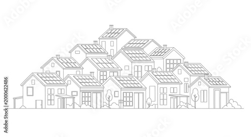 Sustainable Solar-Powered Neighborhood Line Art Illustration - Eco-Friendly Renewable Energy Community and Green Living Concept
