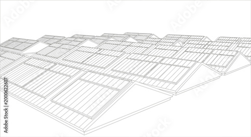 Solar Panel Array Wireframe Technical Drawing - Renewable Energy Rooftop Blueprint and Sustainable Architecture Illustration