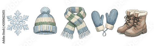 Winter clothing accessories collection featuring a cozy knitted hat, a striped scarf, warm mittens, sturdy boots, and a delicate snowflake illustration.