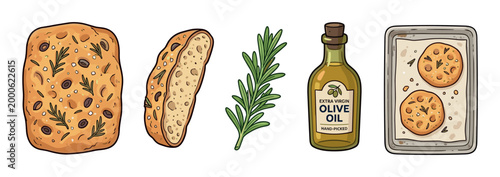 Focaccia bread, olive oil, and fresh rosemary sprig are depicted as essential ingredients for Italian cooking and baking, perfect for a Mediterranean diet.