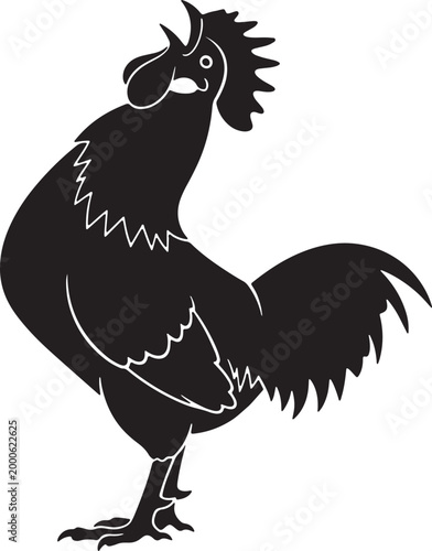 Detailed silhouette of a proud rooster standing, crowing, with detailed comb and tail feathers.