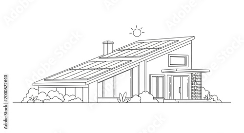 Modern Sustainable House with Solar Panels Line Art Illustration