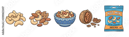 Delicious healthy nuts and snack pack illustration set featuring cashews, almonds, walnuts, and a mixed bowl, perfect for food packaging or healthy eating concepts.