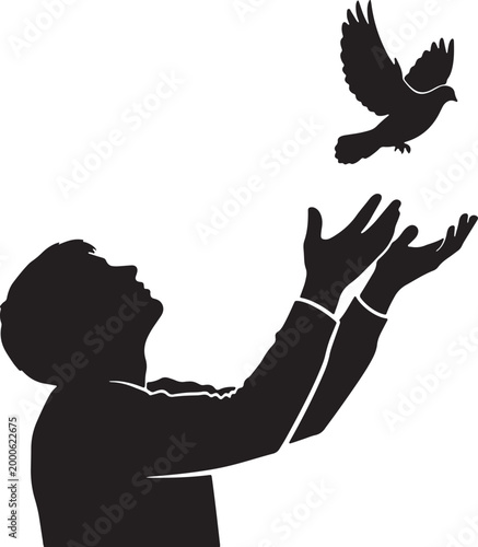 Silhouette of man releasing a bird into the sky, arms outstretched, transparent background.