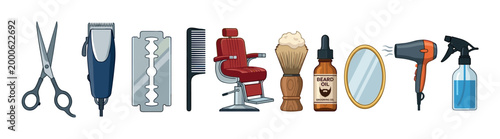 Barber shop tools and hairdressing equipment set for professional grooming services and styling, including scissors, clippers, and a barber chair.