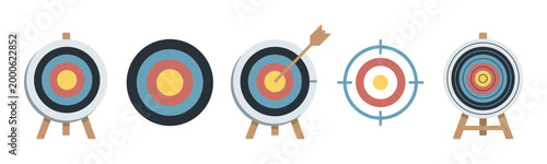 Archery targets with an arrow hitting the bullseye, representing business success, goal achievement, precision, and strategic planning in a flat vector illustration.
