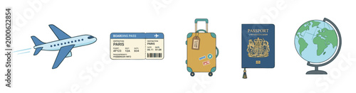 Airplane, boarding pass, suitcase, passport, and globe represent the excitement and preparation for an international journey or global adventure.