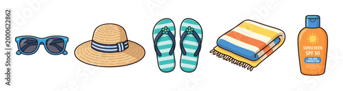 Summer beach vacation essentials collection featuring sunglasses, a straw hat, flip-flops, a striped towel, and sunscreen for a sunny holiday.