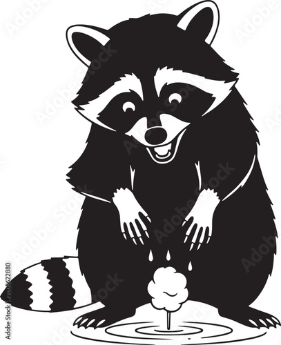 Happy raccoon washing food in water, silhouette illustration, black and white, bandit mask, cute character, transparent background.