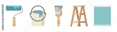 Painting tools and supplies, including a roller, brush, bucket, ladder, and a freshly painted wall, are neatly arranged for home renovation projects.