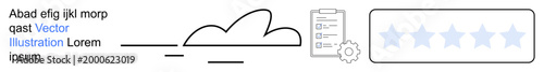 Cloud computing, data management, review systems, business analytics, feedback evaluation, digital tools. Minimalist design with a cloud, gear clipboard and 5-star rating. Cloud computing