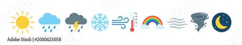Weather icons collection featuring various meteorological conditions like sun, rain, snow, wind, and storms, perfect for forecasting applications.
