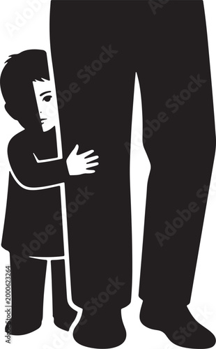 Child hiding behind adult leg symbolizing fear and insecurity seeking safety and protection family bond and parental care concept vector illustration.