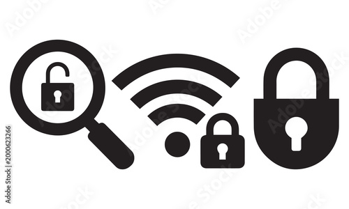 Wi-fi security with unlocked and locked padlocks security wireless internet unlocked magnifying protection technology connection illustration